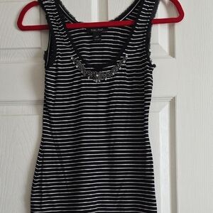 White House Black Market Black and White Striped Jeweled Tank